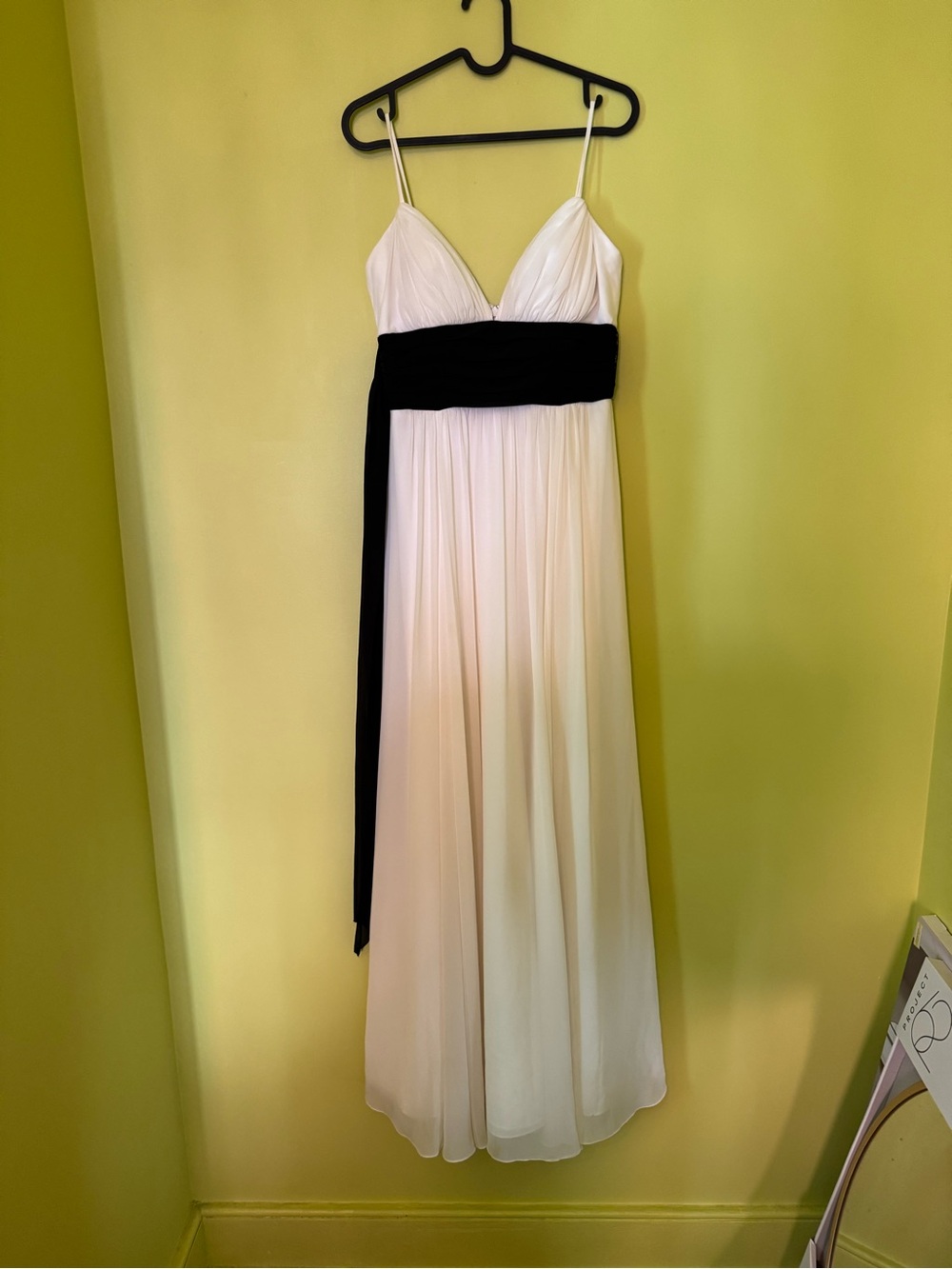 Bari Jay white chiffon dress with black belt, size 6